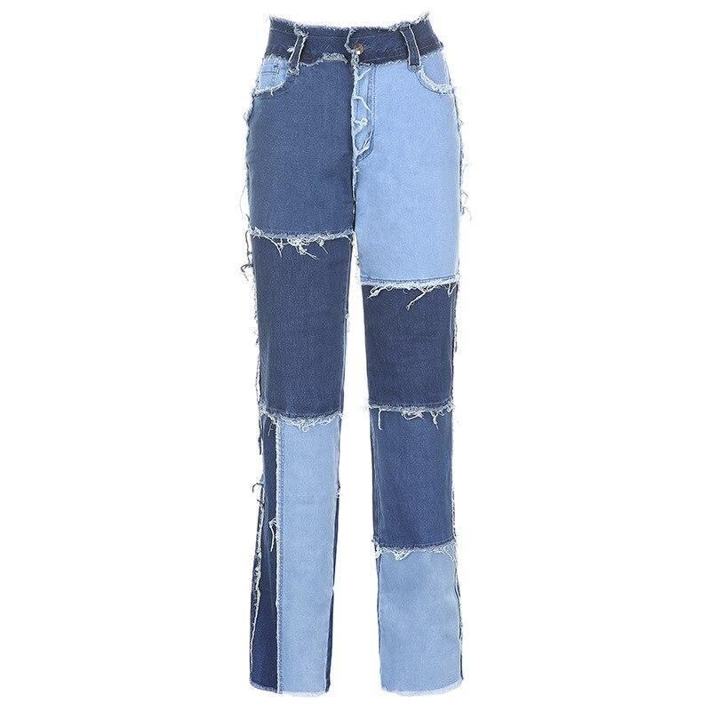 Patchwork Contast Farge Hip Hop Bukser Kvinner High Waist Gate Wear Dusk Jeans Uformelle Dongeribukser