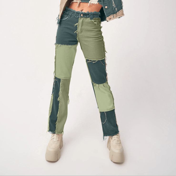 Patchwork Contast Farge Hip Hop Bukser Kvinner High Waist Gate Wear Dusk Jeans Uformelle Dongeribukser