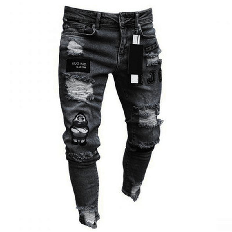 White High-end Denim Menns Bukser Grenseoverskridende Utenrikshandel Hull Trend Svart Slim Jeans Menn