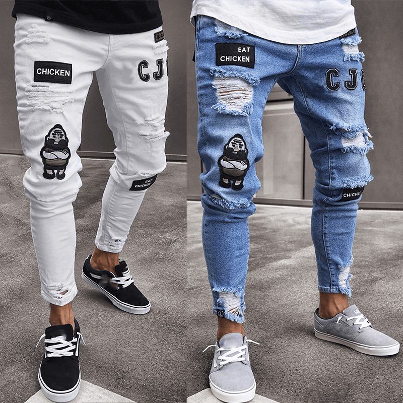 White High-end Denim Menns Bukser Grenseoverskridende Utenrikshandel Hull Trend Svart Slim Jeans Menn