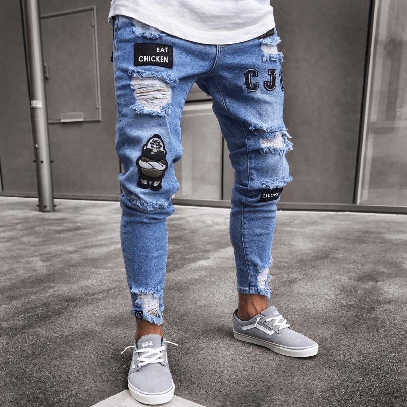 White High-end Denim Menns Bukser Grenseoverskridende Utenrikshandel Hull Trend Svart Slim Jeans Menn