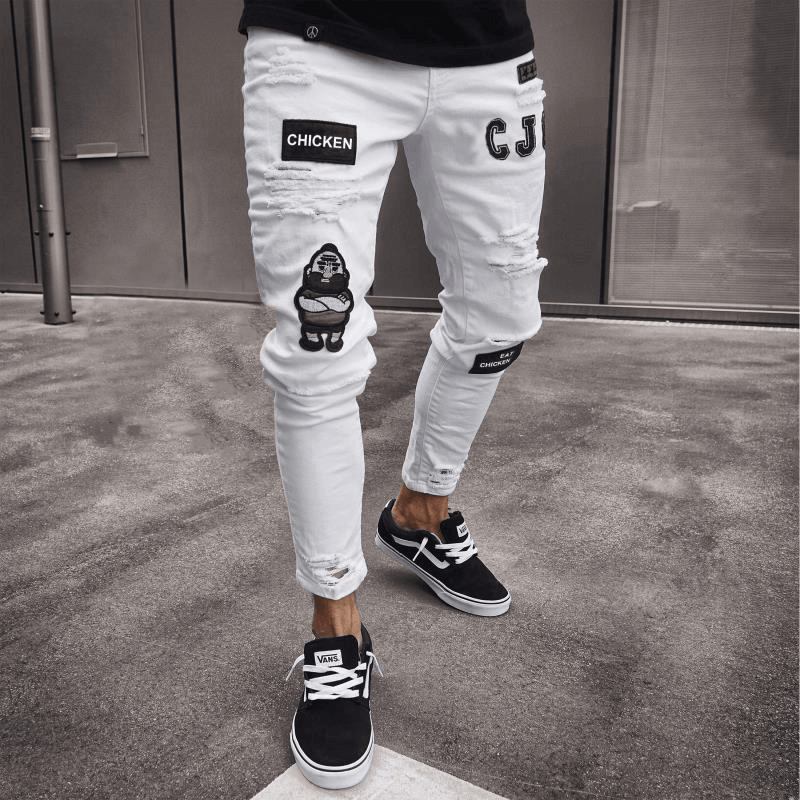 White High-end Denim Menns Bukser Grenseoverskridende Utenrikshandel Hull Trend Svart Slim Jeans Menn