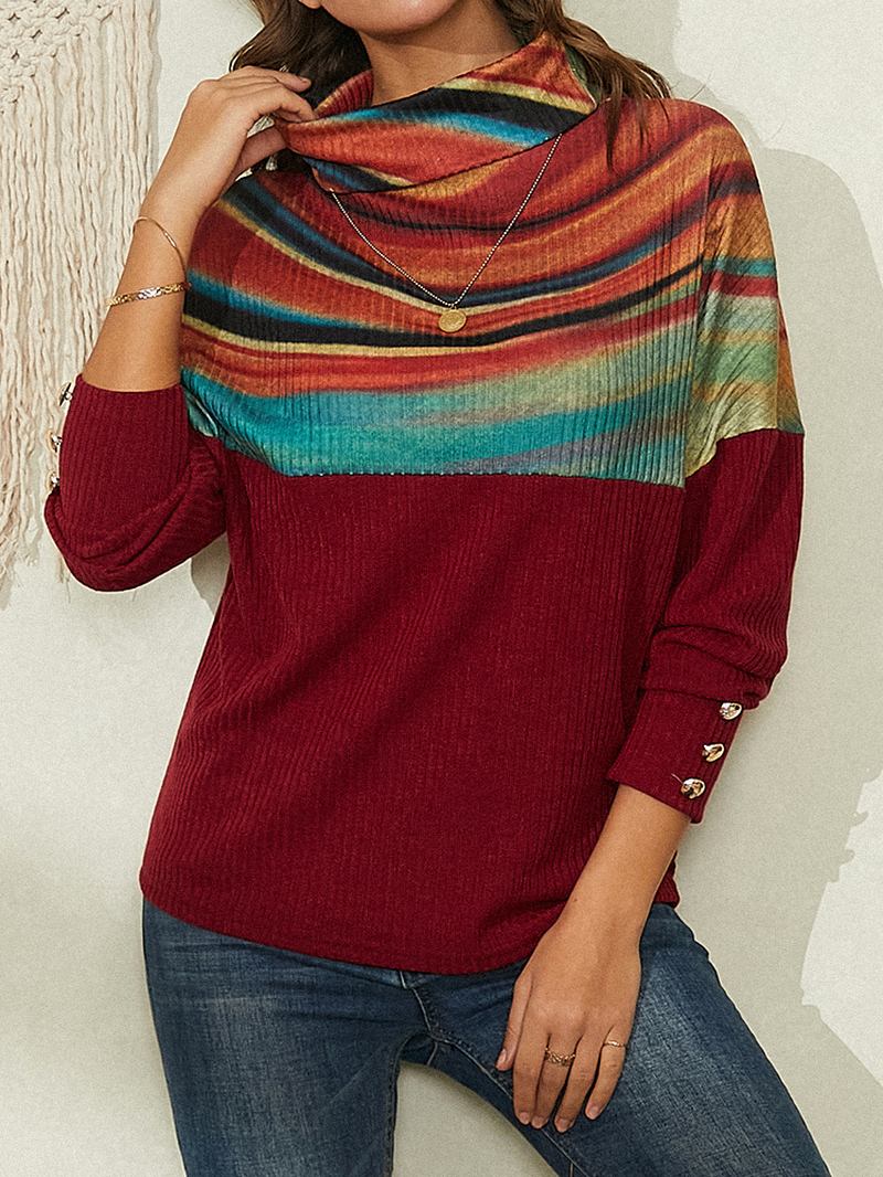 Dame Rainbow Striped Med Trykk Patchwork Turtleneck Ribbet Genser