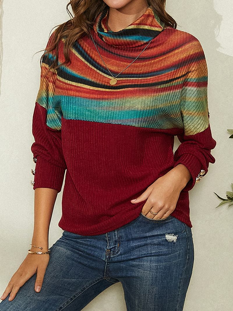 Dame Rainbow Striped Med Trykk Patchwork Turtleneck Ribbet Genser