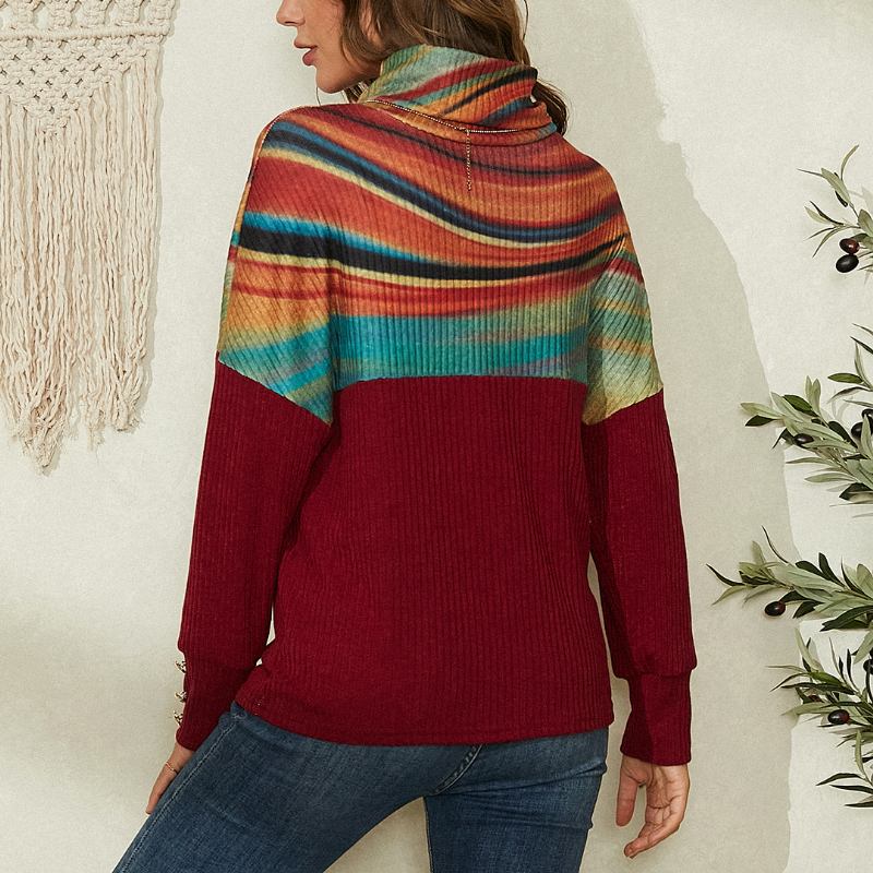 Dame Rainbow Striped Med Trykk Patchwork Turtleneck Ribbet Genser