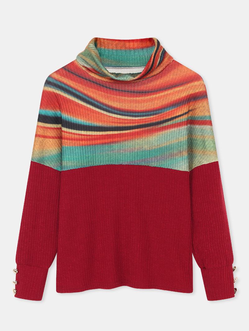 Dame Rainbow Striped Med Trykk Patchwork Turtleneck Ribbet Genser