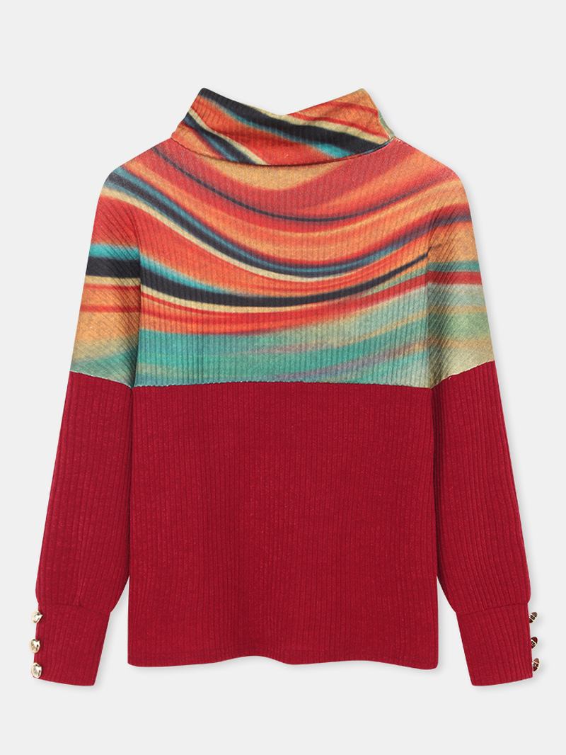 Dame Rainbow Striped Med Trykk Patchwork Turtleneck Ribbet Genser