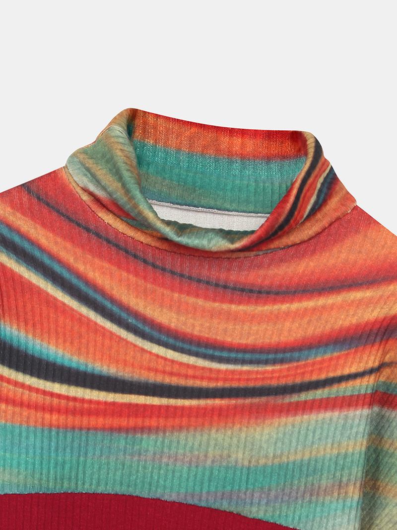 Dame Rainbow Striped Med Trykk Patchwork Turtleneck Ribbet Genser