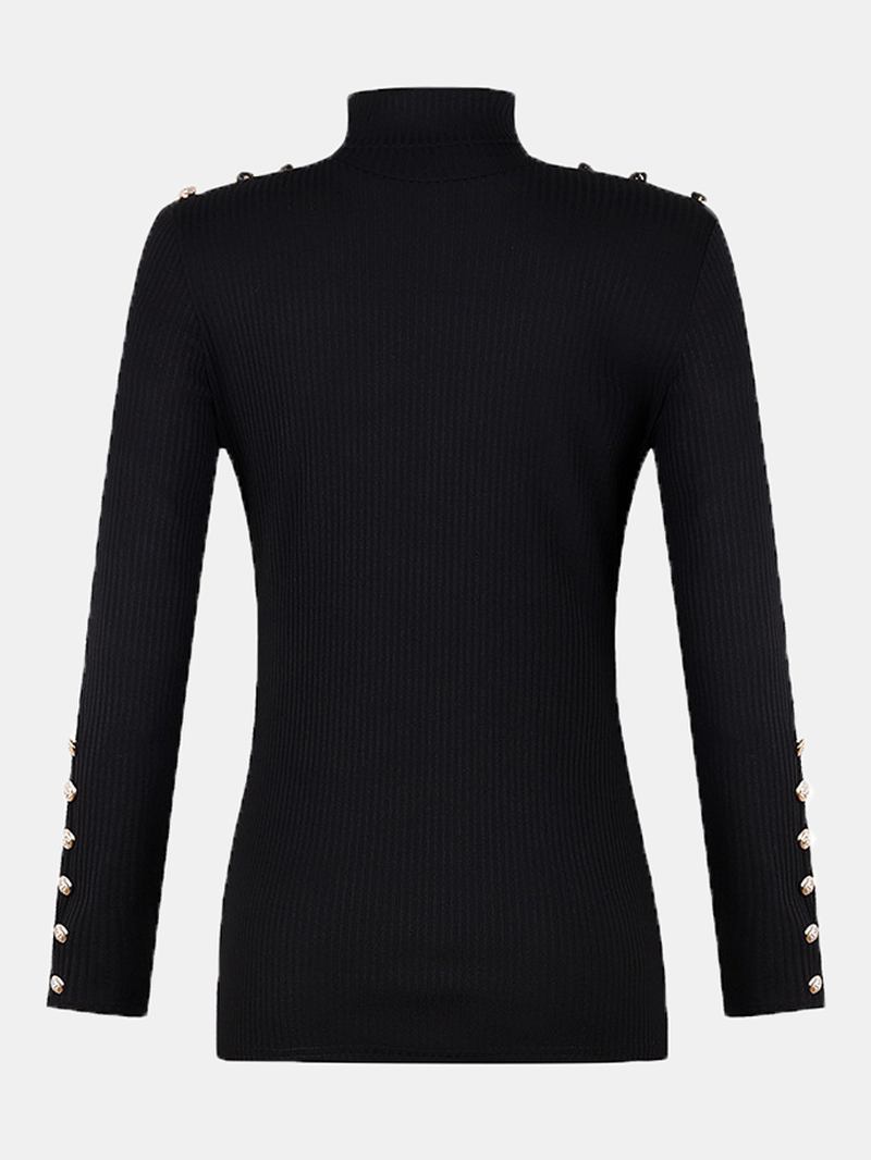 Dame Turtleneck Ensfarget Knapp Langermet Basic Genser