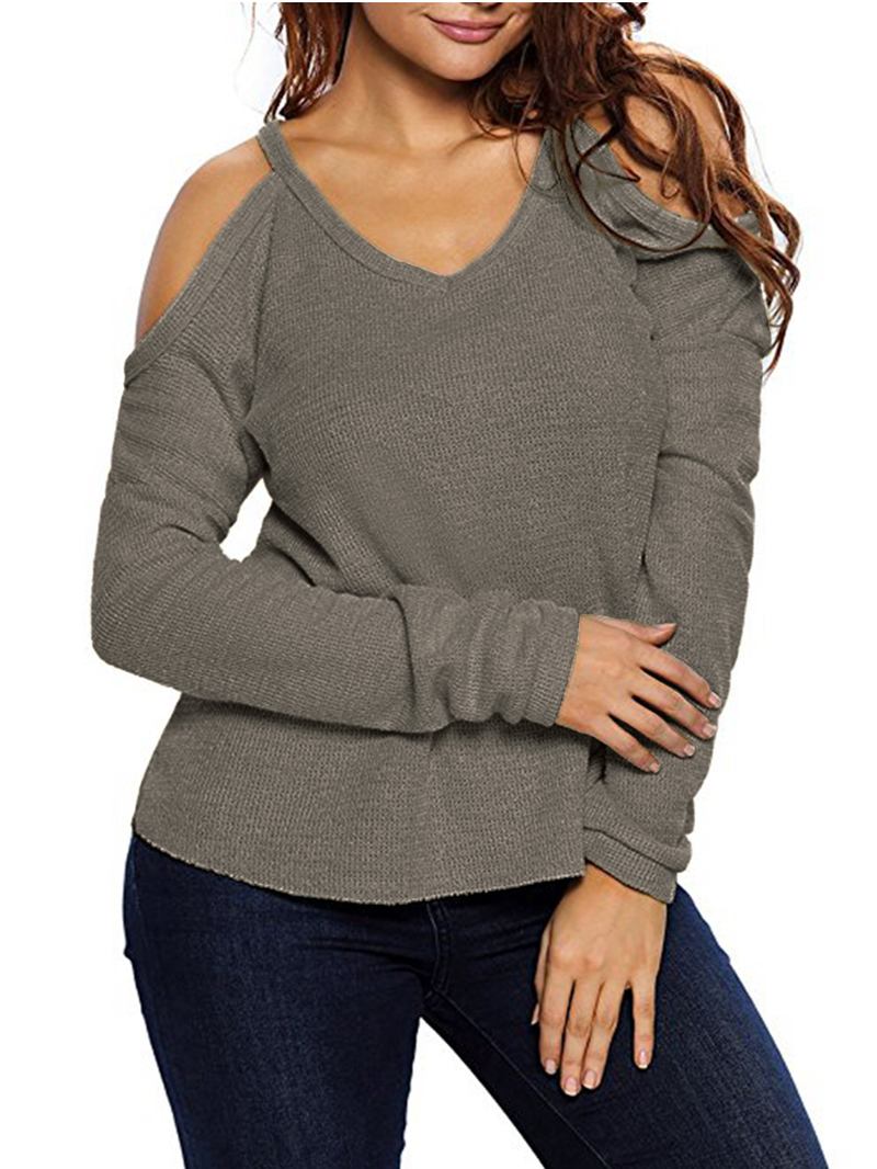 Dame V Neck Pullover Cold Shoulder Langermede Gensere For Kvinner