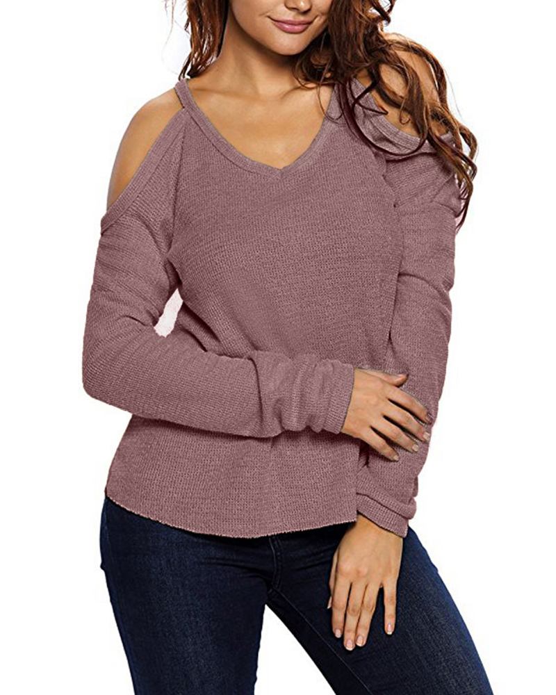 Dame V Neck Pullover Cold Shoulder Langermede Gensere For Kvinner