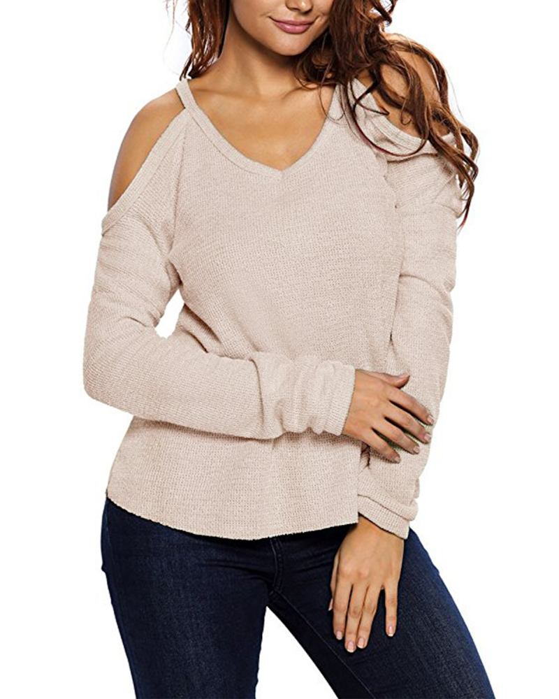 Dame V Neck Pullover Cold Shoulder Langermede Gensere For Kvinner