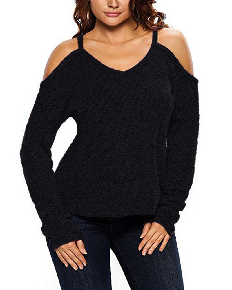 Dame V Neck Pullover Cold Shoulder Langermede Gensere For Kvinner