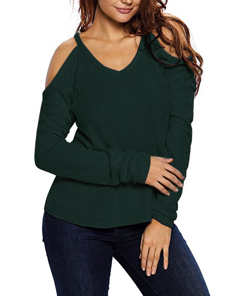 Dame V Neck Pullover Cold Shoulder Langermede Gensere For Kvinner