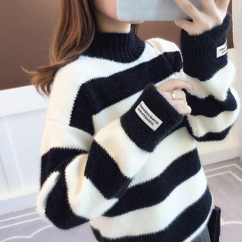 Genser Dame Turtleneck Genser Genser Stripe Tykk Genser Imitert Mink Ull Genser Sweater Dameklær