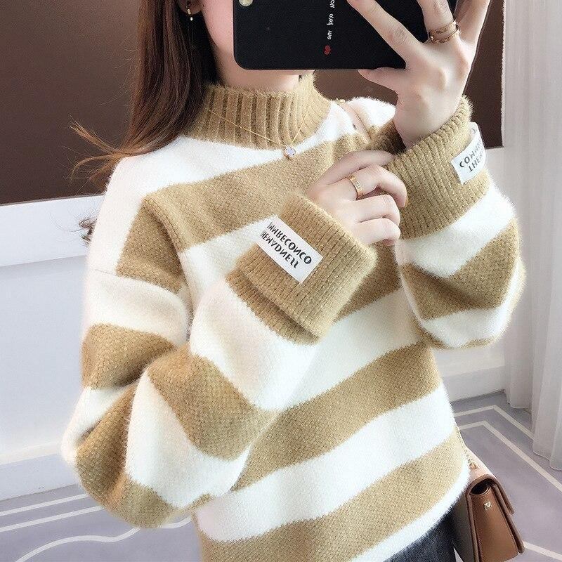 Genser Dame Turtleneck Genser Genser Stripe Tykk Genser Imitert Mink Ull Genser Sweater Dameklær