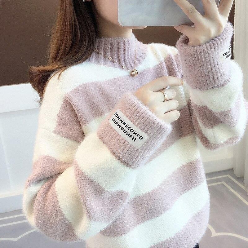 Genser Dame Turtleneck Genser Genser Stripe Tykk Genser Imitert Mink Ull Genser Sweater Dameklær