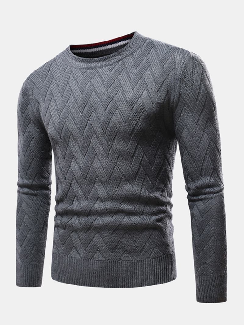 Herre Chevron Strikket Ensfarget Crew Neck Slim Fit Fritids Genser