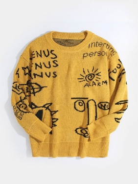 Herrebrev Tegneseriemønster Crew Neck Strikk Fritids Pullover Gensere