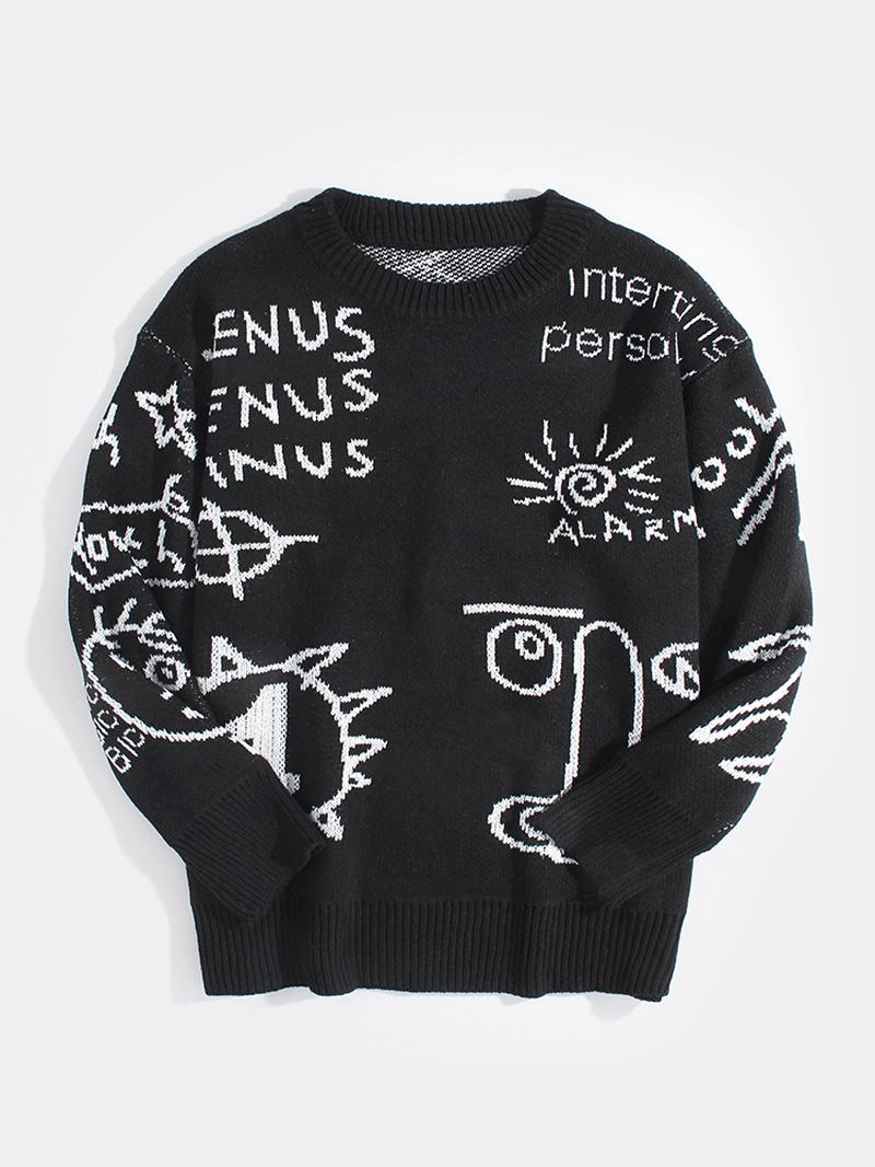 Herrebrev Tegneseriemønster Crew Neck Strikk Fritids Pullover Gensere