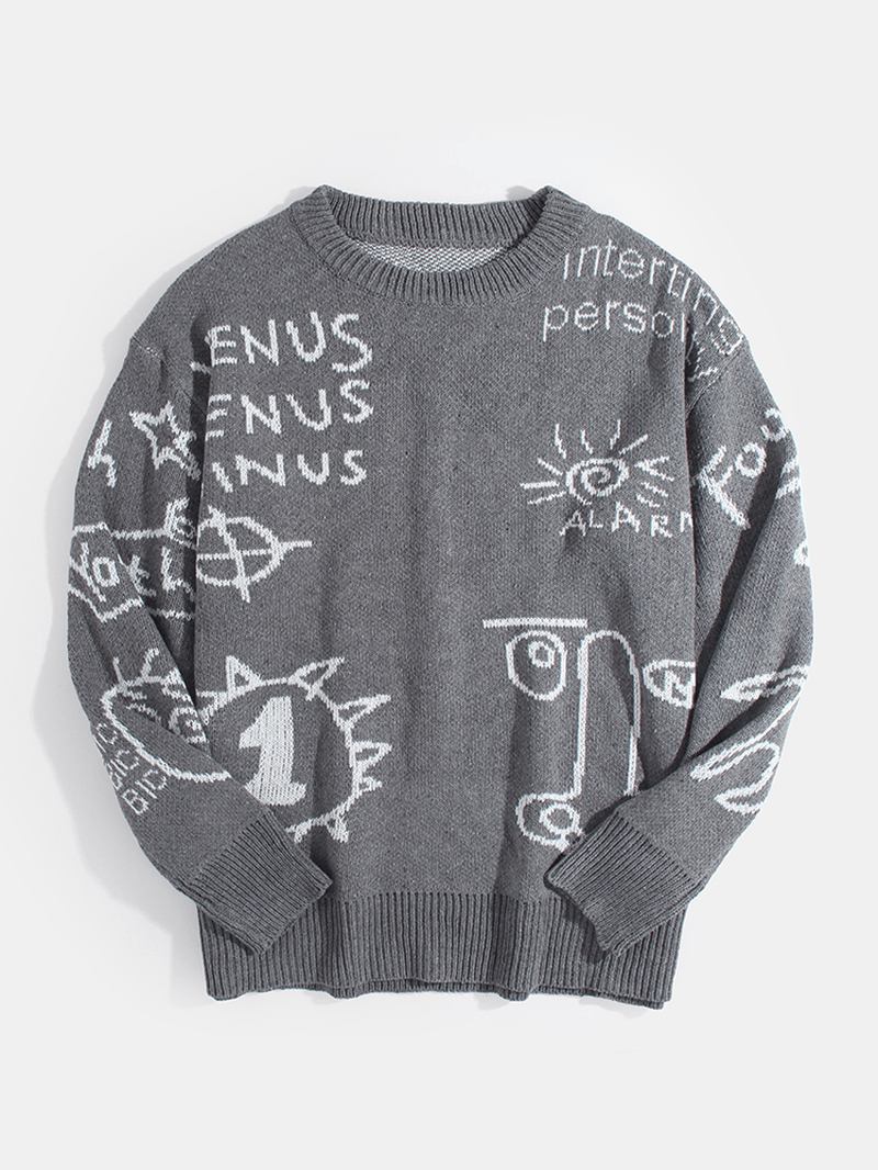 Herrebrev Tegneseriemønster Crew Neck Strikk Fritids Pullover Gensere