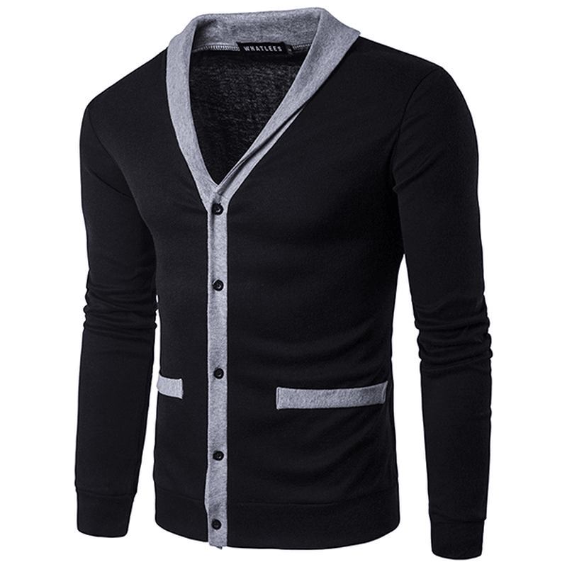 Klassisk Kort Genser Med Mote Halslinje For Menn Single-breasted Hit Farge Strikke Cardigan