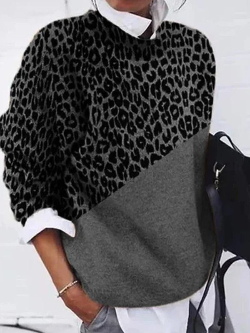 Kvinner Leopard Med Trykk Patchwork Rund Hals Langermet Pullover Uformelle Gensere