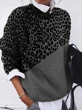 Kvinner Leopard Med Trykk Patchwork Rund Hals Langermet Pullover Uformelle Gensere