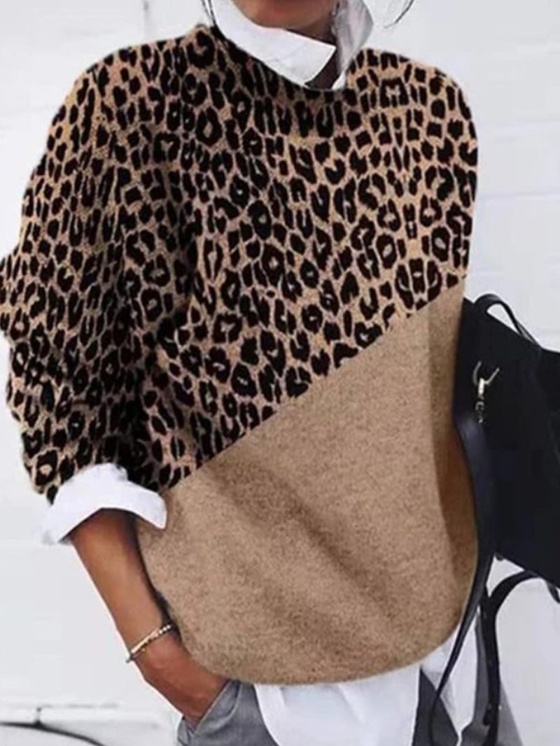 Kvinner Leopard Med Trykk Patchwork Rund Hals Langermet Pullover Uformelle Gensere