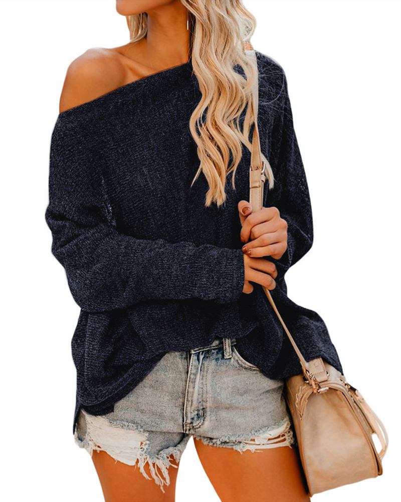 Kvinner Off Shoulder Langermet Bluse Fritids Pullover Strikkede Gensere