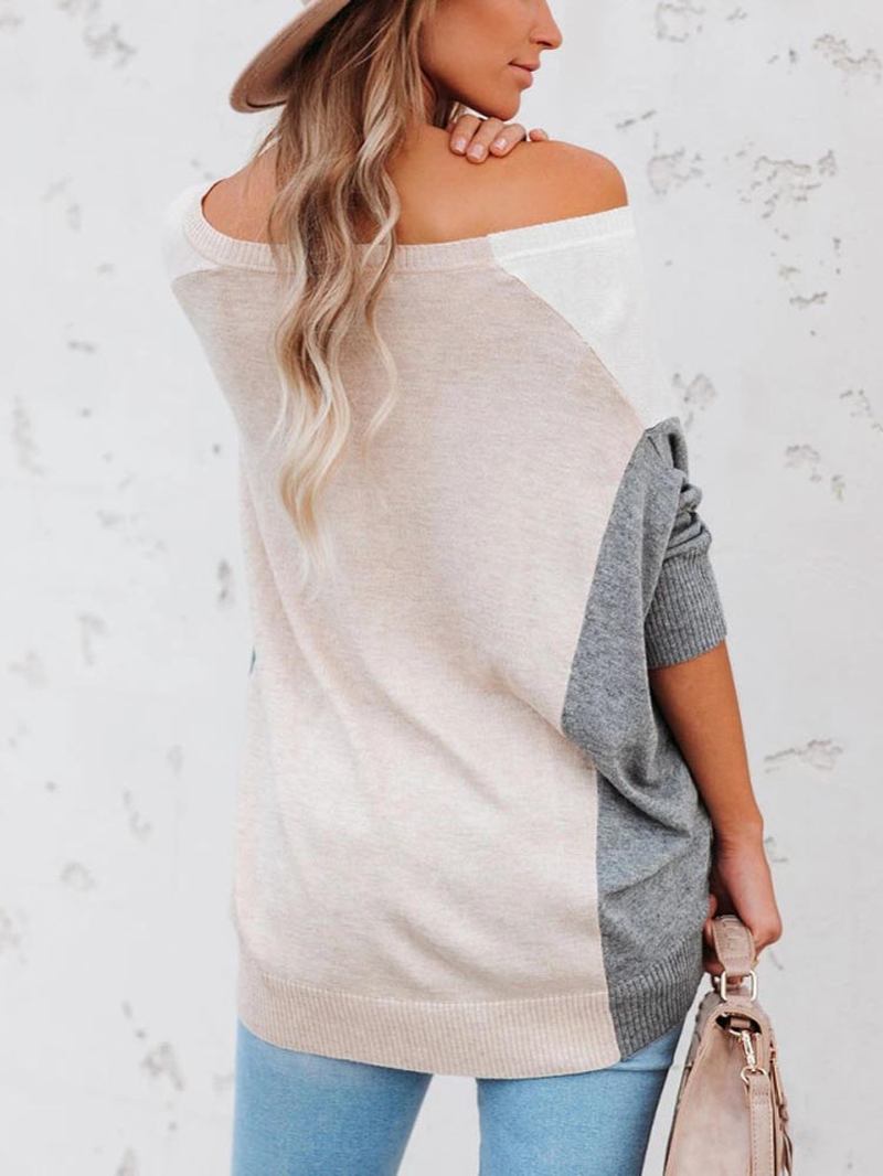 Kvinner Patchwork Colorblock Drop Sleeve V-hals Løs Daglig Genser