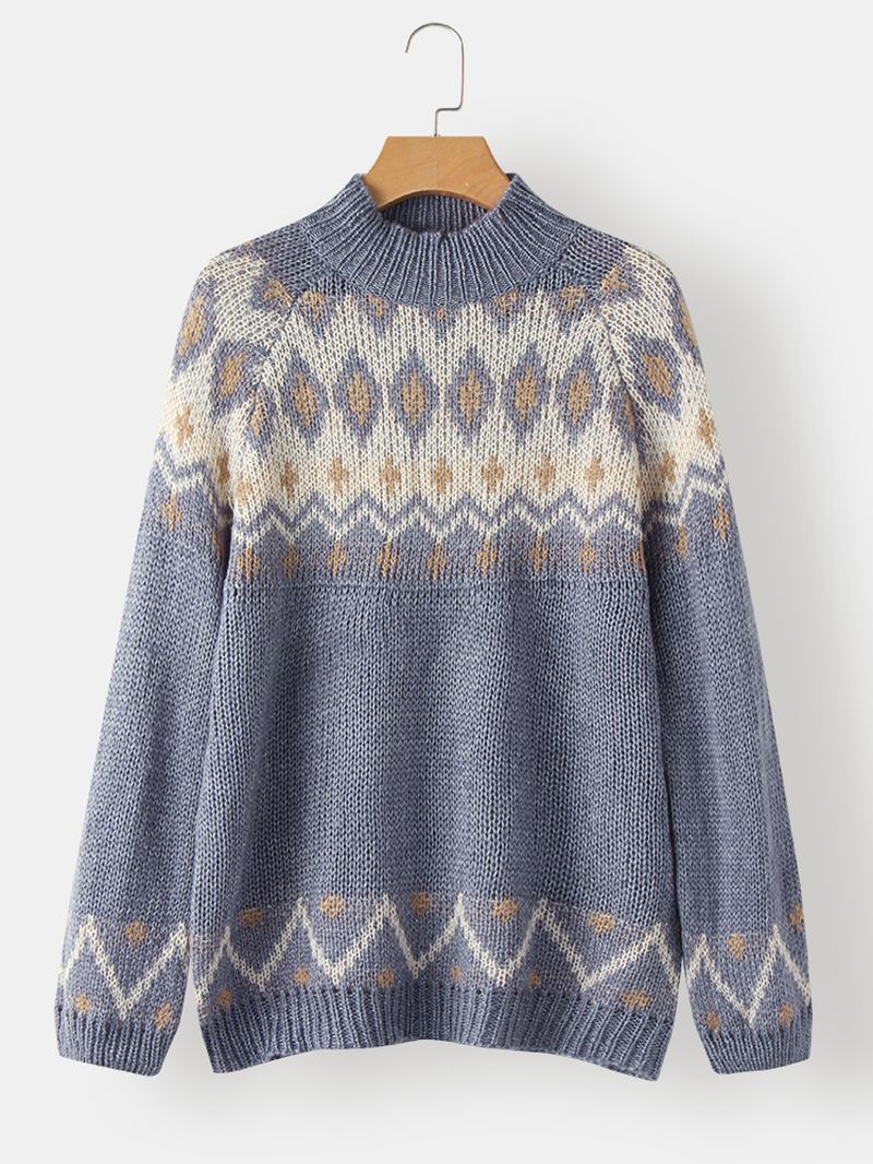 Kvinner Vintage Mønster Strikket Raglan Sleeve Fritids Pullover Gensere