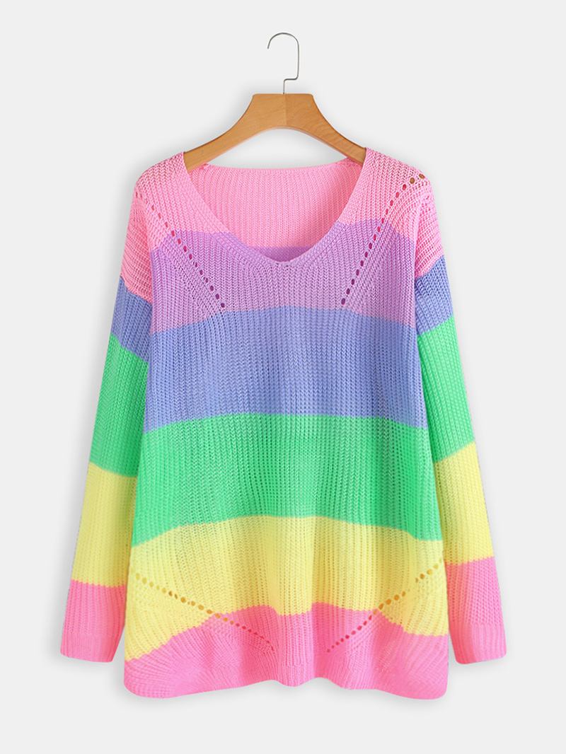 Langermet V-hals Rainbow Stripe Color Block Gensere