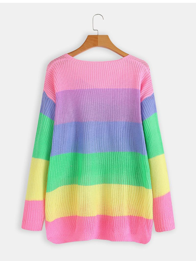 Langermet V-hals Rainbow Stripe Color Block Gensere