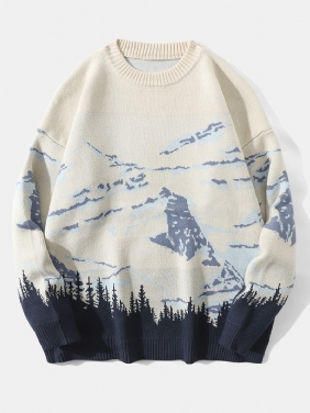 Menn Landskap Mountain Drop Skulder Løs Pullover Strikkede Gensere