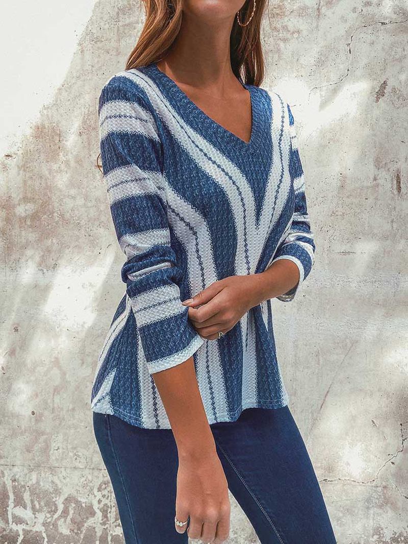 Stripe V-hals Langermet Fritids Strikke Gensere Bluse For Kvinner