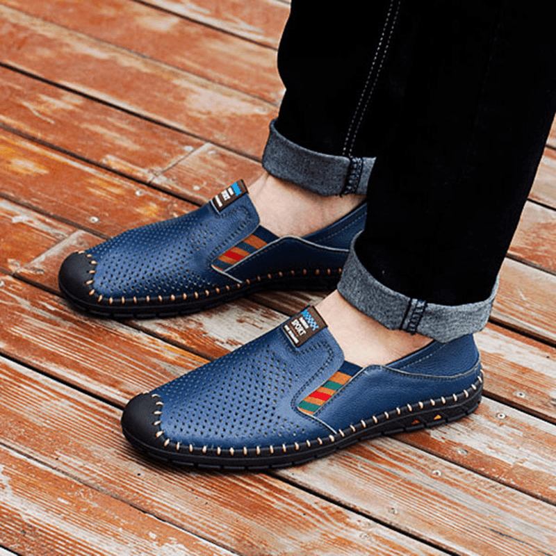 Pustende Hollow Outs Anti Collision Toe Ekte Skinn Flats Loafers Sko