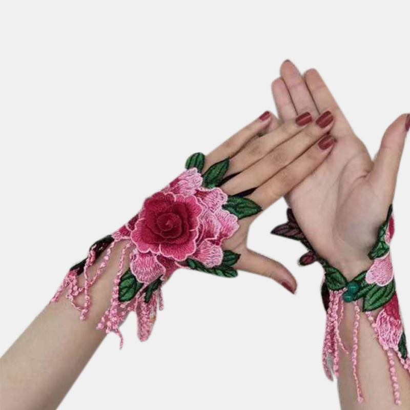 Kvinner Etnisk Broderi Hallow Armbånd Mote Blomster Halv Deksel Finger Dusk Hansker