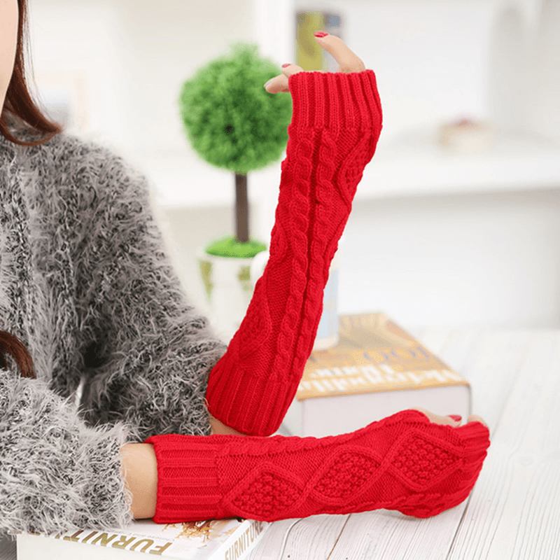 Kvinner Vinter Varm Knitting Fingerless Langermet Hansker Uformelle Rhombic Mønster Hansker