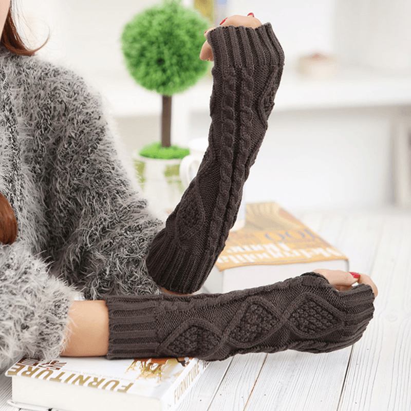 Kvinner Vinter Varm Knitting Fingerless Langermet Hansker Uformelle Rhombic Mønster Hansker