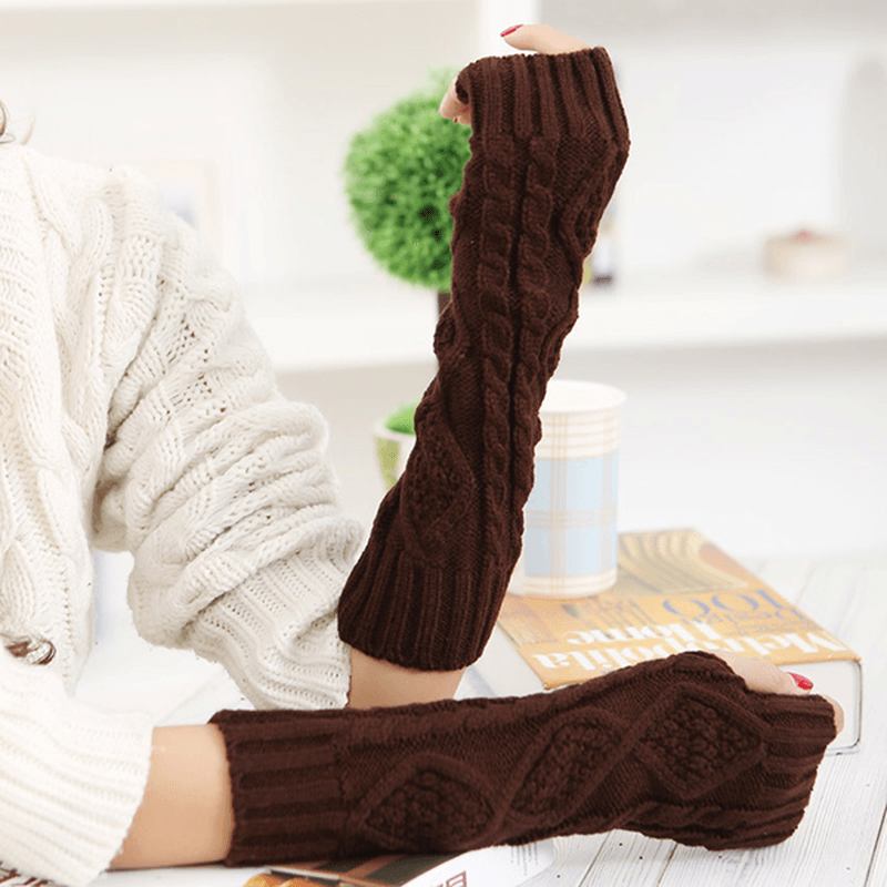 Kvinner Vinter Varm Knitting Fingerless Langermet Hansker Uformelle Rhombic Mønster Hansker