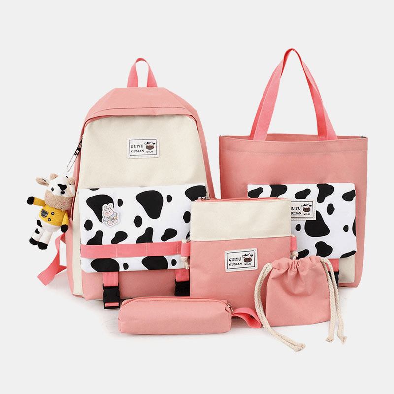 5 Stk Canvas Preppy Cow Pattern Multifunksjon Combination Veske Ryggsekk Tote Crossbody Veske Clutch Lommebok