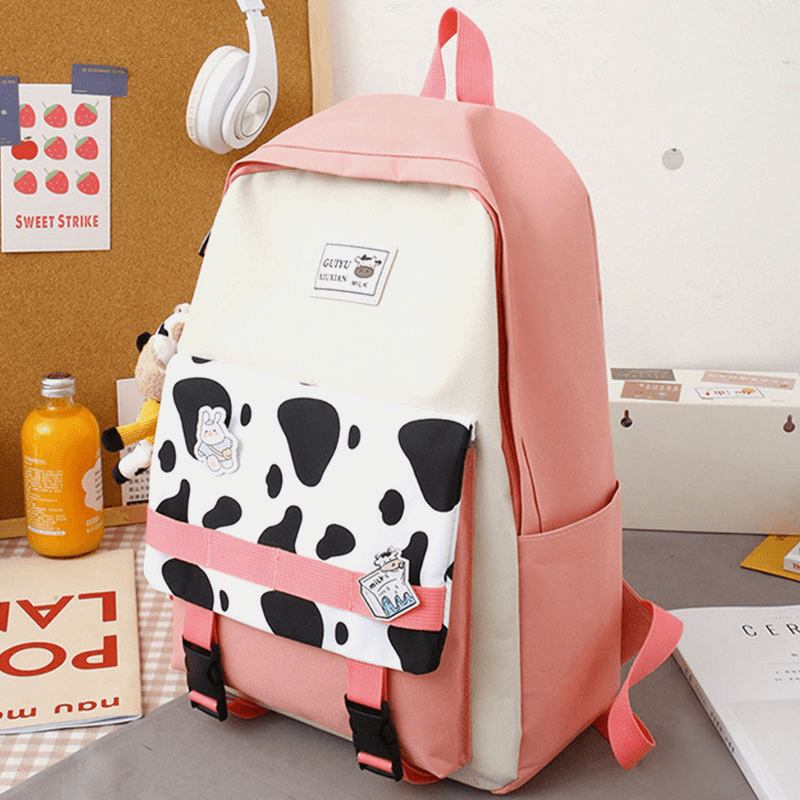 5 Stk Canvas Preppy Cow Pattern Multifunksjon Combination Veske Ryggsekk Tote Crossbody Veske Clutch Lommebok