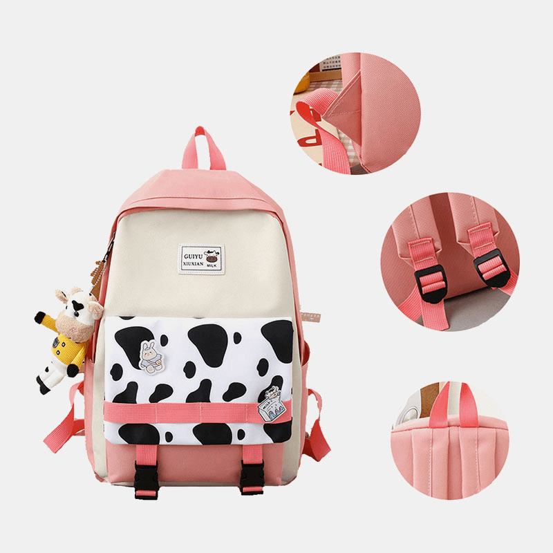 5 Stk Canvas Preppy Cow Pattern Multifunksjon Combination Veske Ryggsekk Tote Crossbody Veske Clutch Lommebok