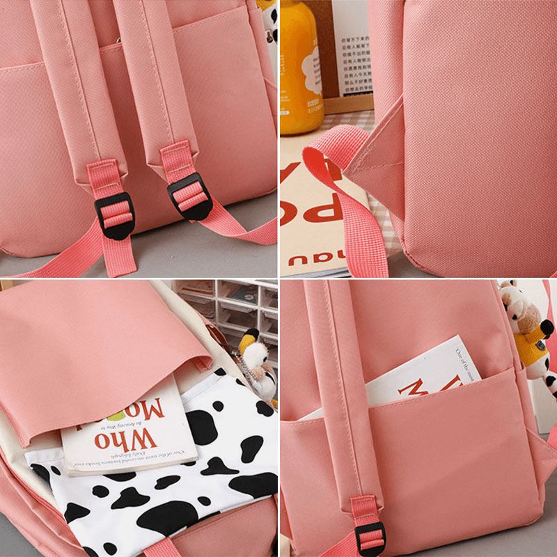 5 Stk Canvas Preppy Cow Pattern Multifunksjon Combination Veske Ryggsekk Tote Crossbody Veske Clutch Lommebok