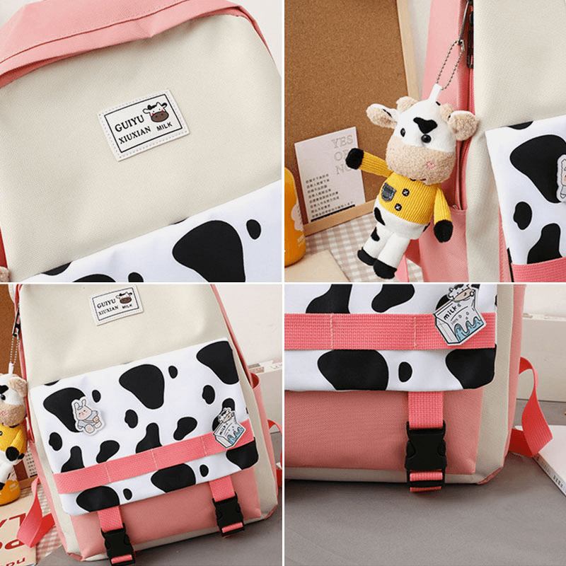 5 Stk Canvas Preppy Cow Pattern Multifunksjon Combination Veske Ryggsekk Tote Crossbody Veske Clutch Lommebok