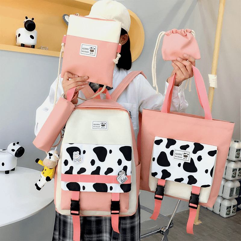 5 Stk Canvas Preppy Cow Pattern Multifunksjon Combination Veske Ryggsekk Tote Crossbody Veske Clutch Lommebok