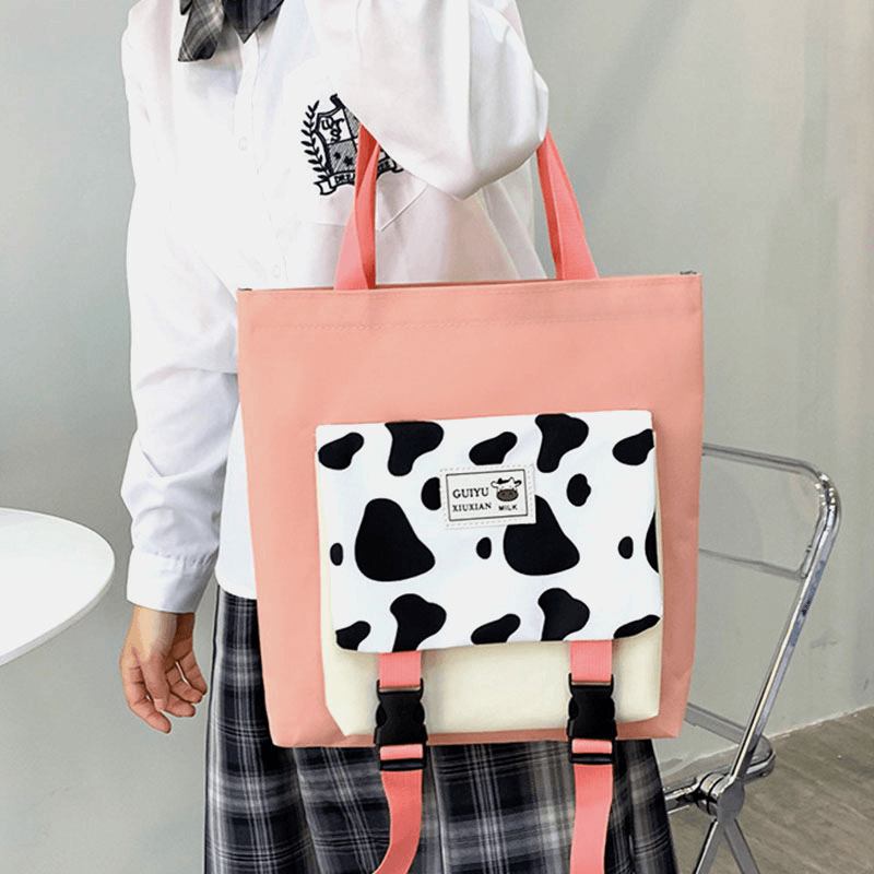 5 Stk Canvas Preppy Cow Pattern Multifunksjon Combination Veske Ryggsekk Tote Crossbody Veske Clutch Lommebok