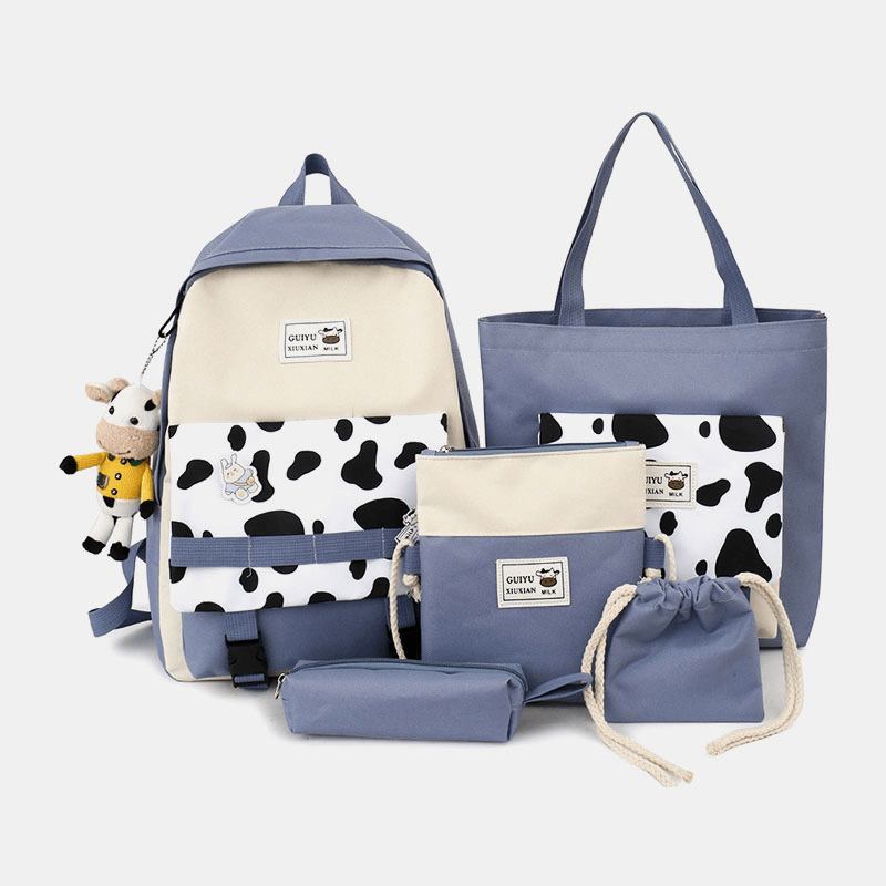 5 Stk Canvas Preppy Cow Pattern Multifunksjon Combination Veske Ryggsekk Tote Crossbody Veske Clutch Lommebok