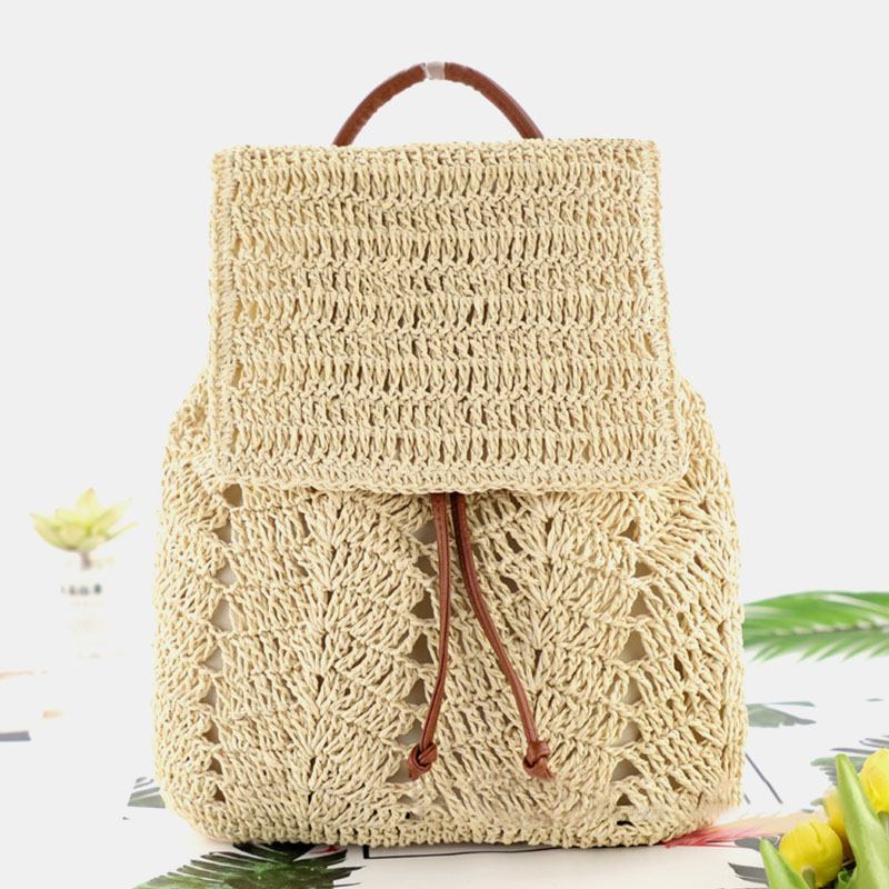 Dame Mori Series String Straw Veske Dual-use Woven Veske Retro Beach Veske Ryggsekk